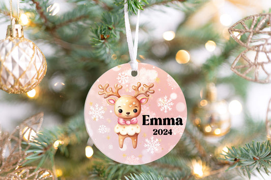 Personalized Pink Reindeer Christmas Ornament- Custom Name & Year | Aluminum or Hardboard