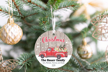 Personalized Family Christmas Ornament 2025 – Vintage Red Truck Holiday Keepsake