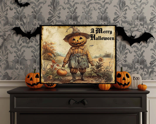 Primitive Pumpkin Head Scarecrow Halloween Metal Sign – Spooky Wall Art for Indoor & Outdoor Decor