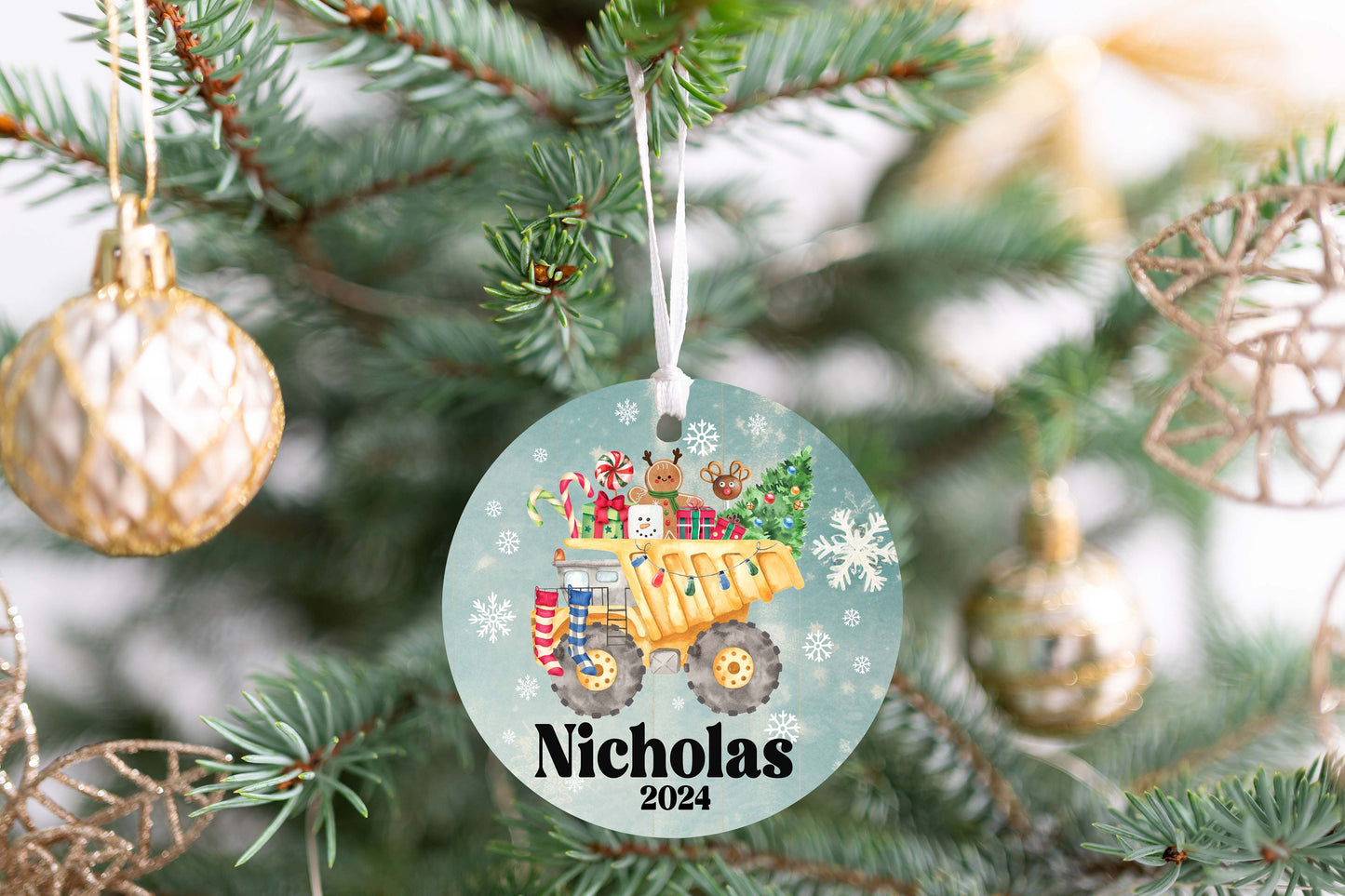 Personalized Dump Truck Christmas Ornament 2025 – Custom Construction Ornament for Kids