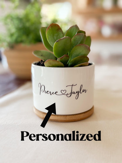 Custom Ceramic Planter – Personalized Succulent Pot with Bamboo Base