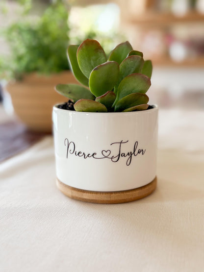 Custom Ceramic Planter – Personalized Succulent Pot with Bamboo Base