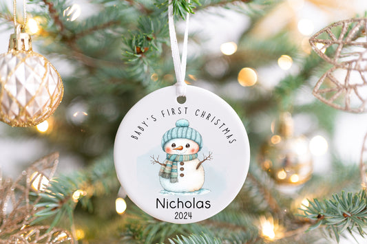 Baby’s First Christmas Ornament 2024 – Personalized Snowman Ornament, Neutral Minimalist Keepsake