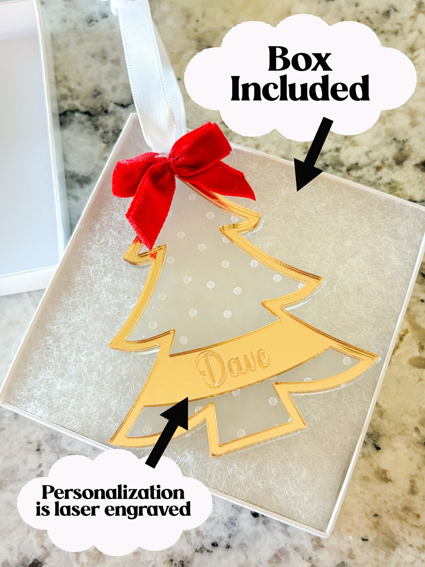 Personalized Mirror Acrylic Christmas Tree Ornament with Name - Custom Holiday Keepsake with Red Bow & Gift Box