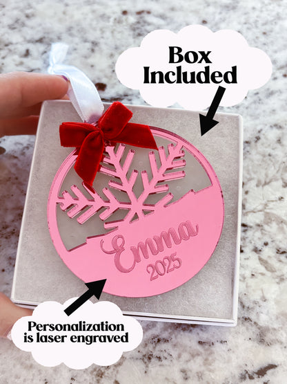 Personalized Mirror Acrylic Snowflake Ornament with Name - Custom Holiday Keepsake with Red Bow & Gift Box