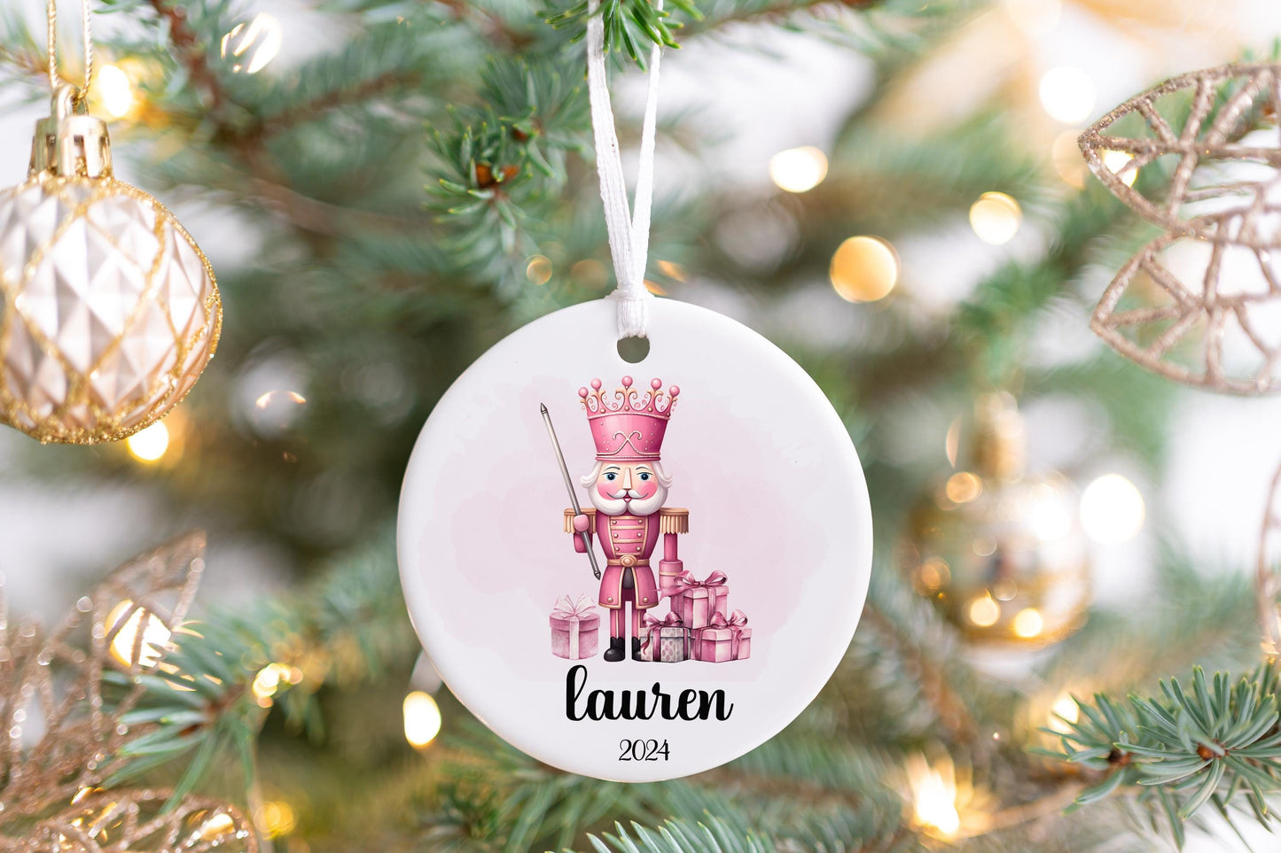 Personalized Pink Nutcracker Christmas Ornament- Custom Name & Year | Aluminum or Hardboard