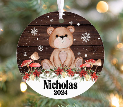Personalized Bear Christmas Ornament 2025 – Woodland Animal Ornament with Mushrooms & Wood Background