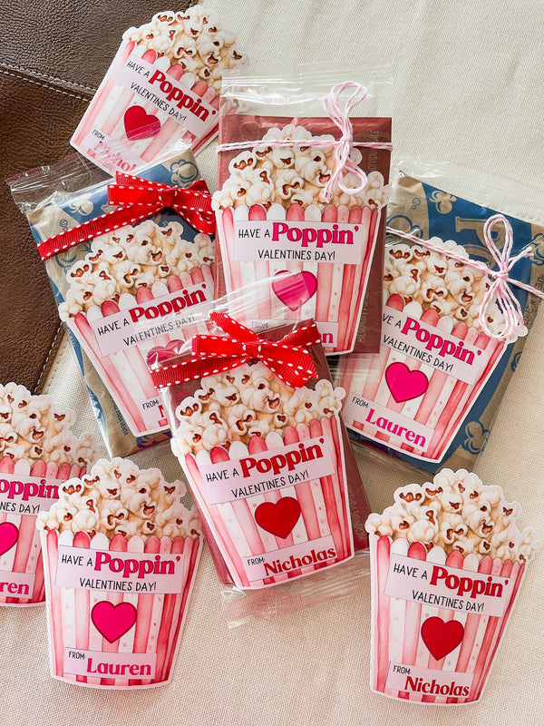 Personalized Valentine Popcorn Stickers – Kids Classroom Labels, Poppin’ Valentines
