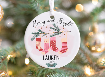 Personalized Pink Stocking Christmas Ornament- Custom Name & Year | Aluminum or Hardboard