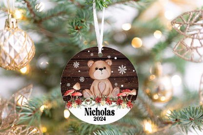 Personalized Bear Christmas Ornament 2025 – Woodland Animal Ornament with Mushrooms & Wood Background