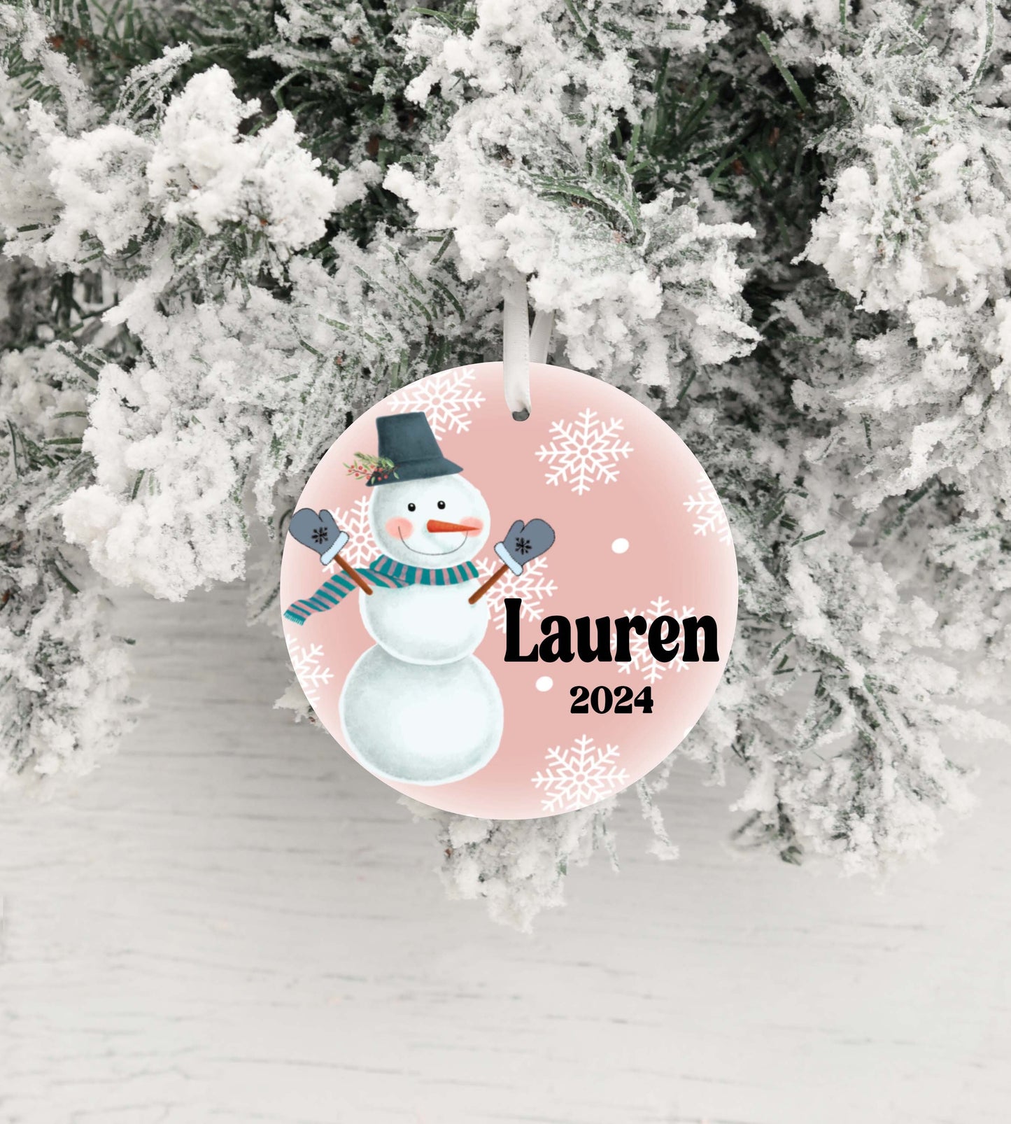Personalized Pink Snowman Christmas Ornament- Custom Name & Year | Aluminum or Hardboard