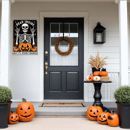 Dead Inside But It’s Spooky Season Metal Sign – Primitive Halloween Tarot Card Wall Art, Indoor/Outdoor Cottagecore Decor