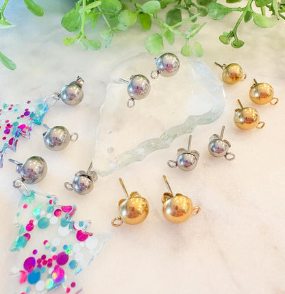 8mm & 6mm Half Ball Stainless Steel Earring Stud Posts – 18K Gold Plated or Silver – 10 Pcs Earring Findings with Loop