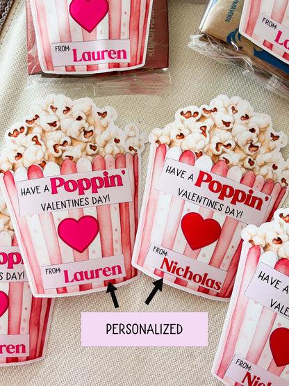 Personalized Valentine Popcorn Stickers – Kids Classroom Labels, Poppin’ Valentines