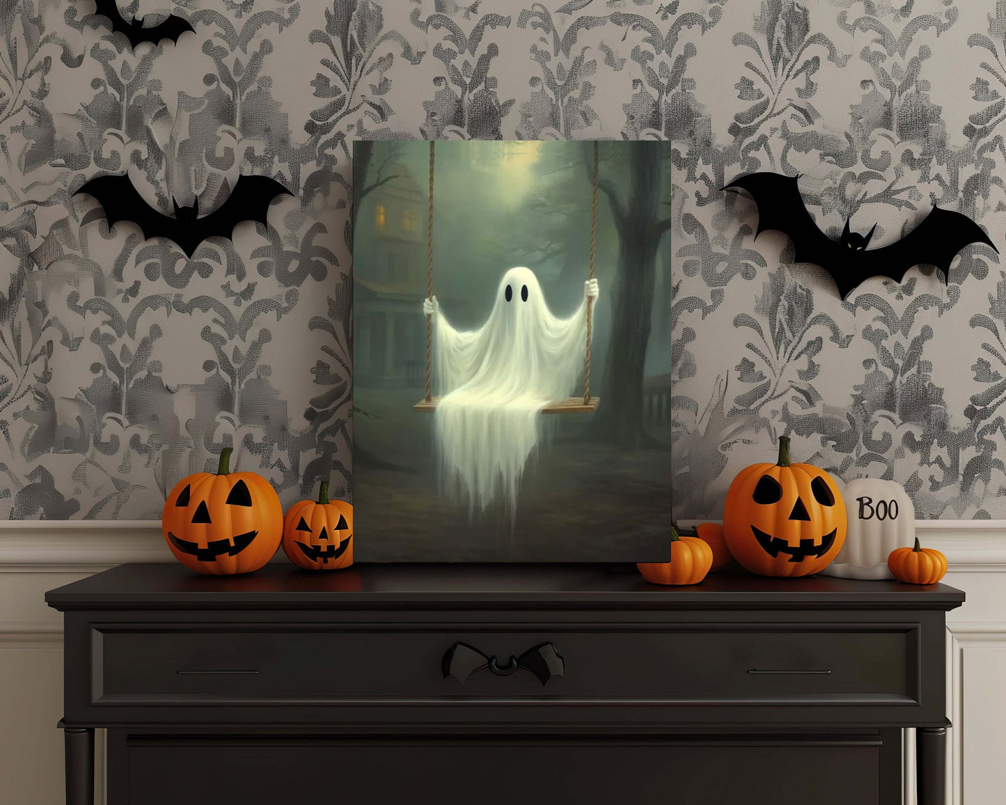 Primitive Halloween Metal Sign – Ghost on Swing Wall Art (Indoor & Outdoor)