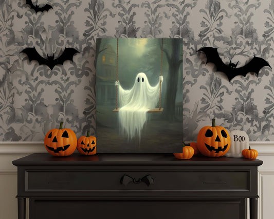 Primitive Halloween Metal Sign – Ghost on Swing Wall Art (Indoor & Outdoor)