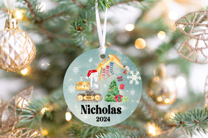 Personalized Excavator Christmas Ornament 2025 – Custom Construction Truck Ornament for Kids