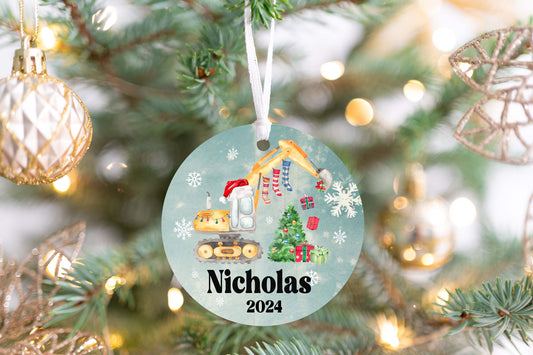 Personalized Excavator Christmas Ornament 2025 – Custom Construction Truck Ornament for Kids