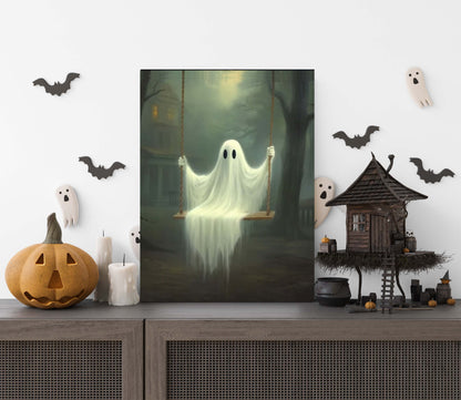 Primitive Halloween Metal Sign – Ghost on Swing Wall Art (Indoor & Outdoor)