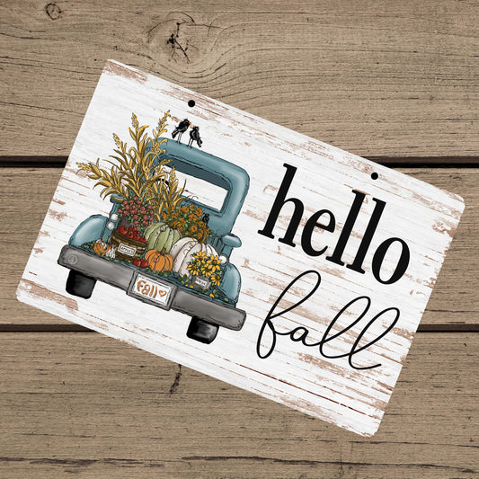 Hello Fall Sign – Outdoor Fall Decorations, Vintage Truck Hanging Sign for Porch, Patio, or Garden