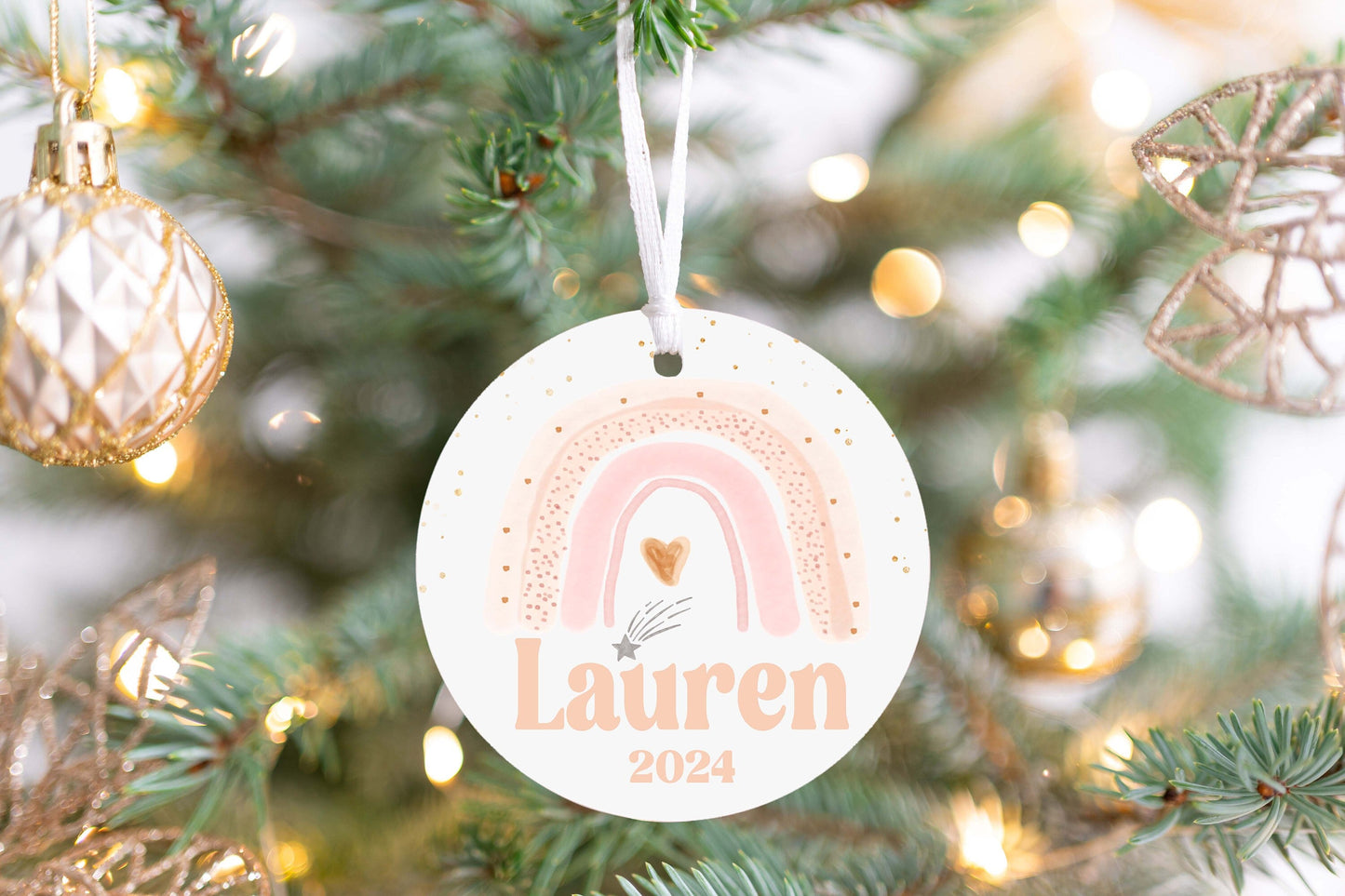 Personalized Pink Rainbow Christmas Ornament- Custom Name & Year | Aluminum or Hardboard