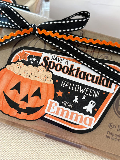 Halloween Popcorn Stickers – Personalized “Have a Spooktacular Halloween” Labels for Kids, Classroom, or Party Favors