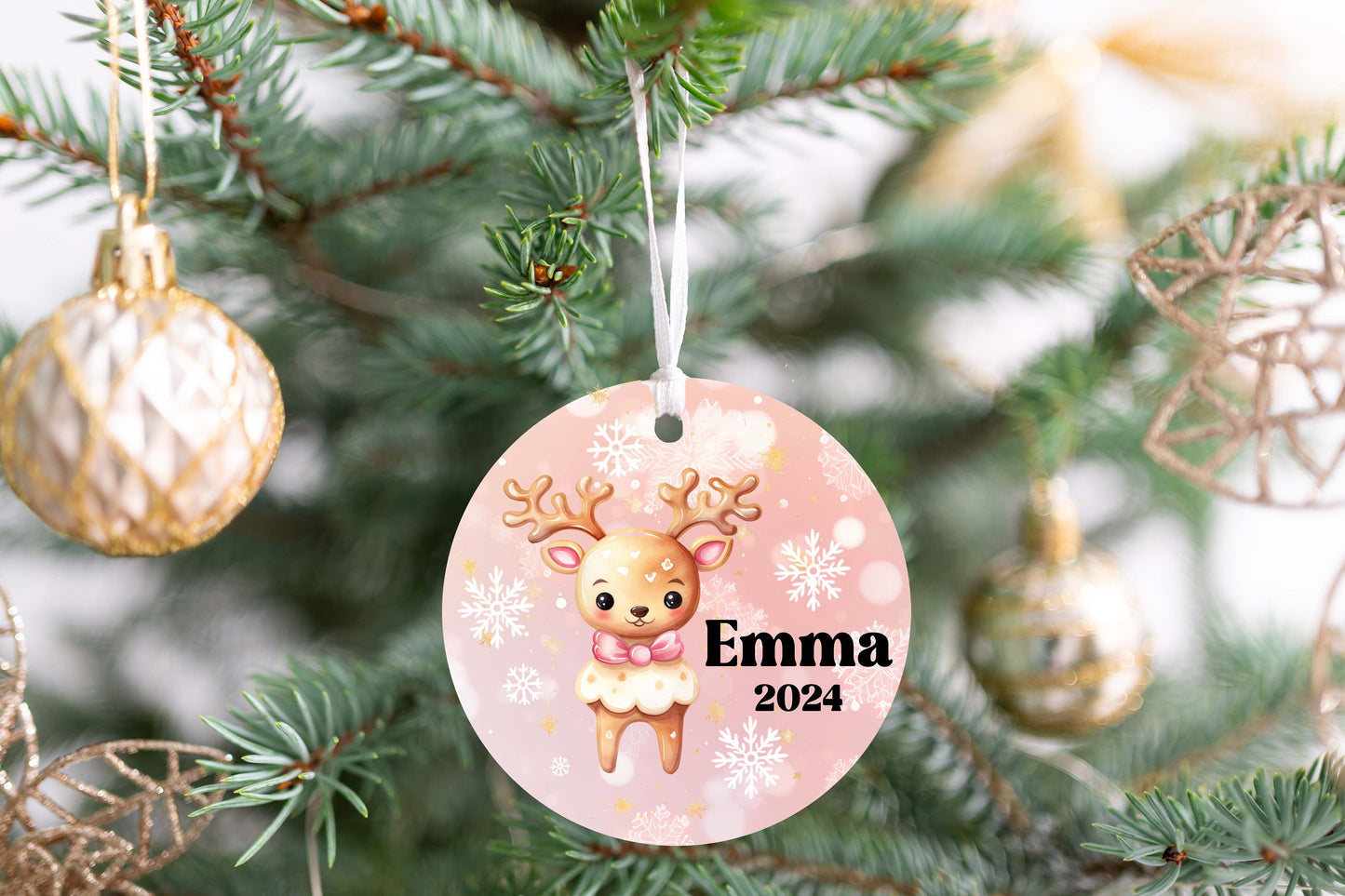 Personalized Pink Reindeer Christmas Ornament- Custom Name & Year | Aluminum or Hardboard