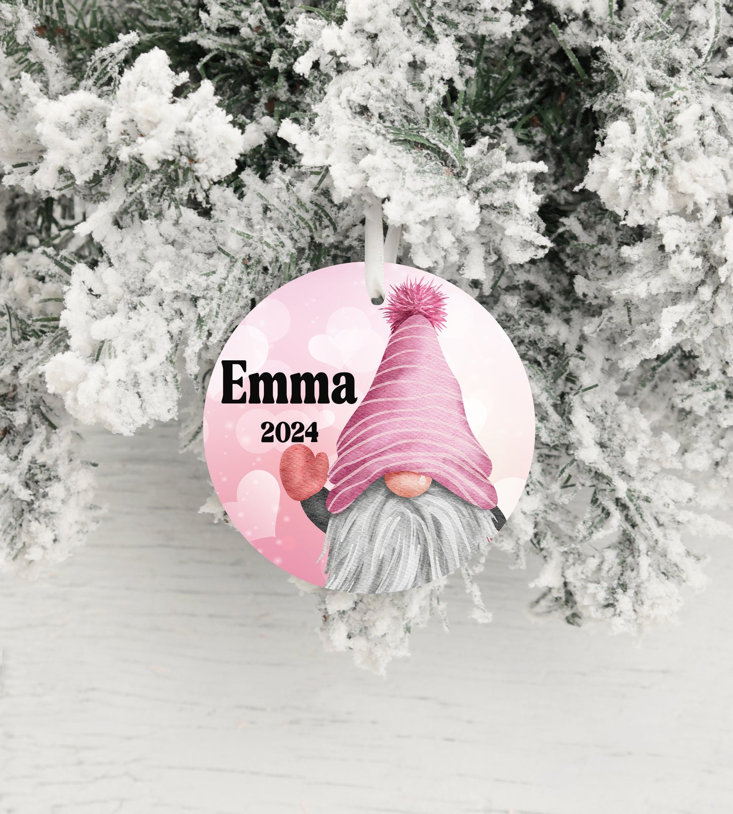 Personalized Pink Gnome Christmas Ornament- Custom Name & Year | Aluminum or Hardboard