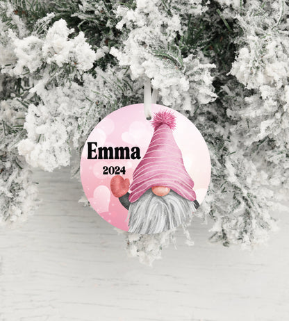 Personalized Pink Gnome Christmas Ornament- Custom Name & Year | Aluminum or Hardboard