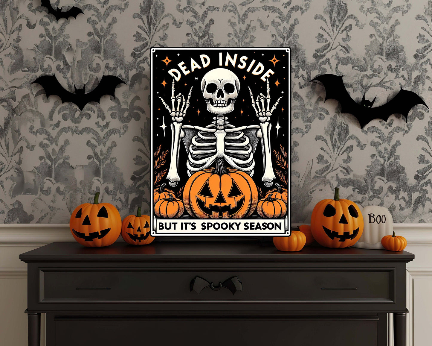 Dead Inside But It’s Spooky Season Metal Sign – Primitive Halloween Tarot Card Wall Art, Indoor/Outdoor Cottagecore Decor