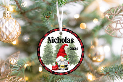 Personalized Gnome Ornament 2025 – Kids & Adults, White Background with Christmas Border