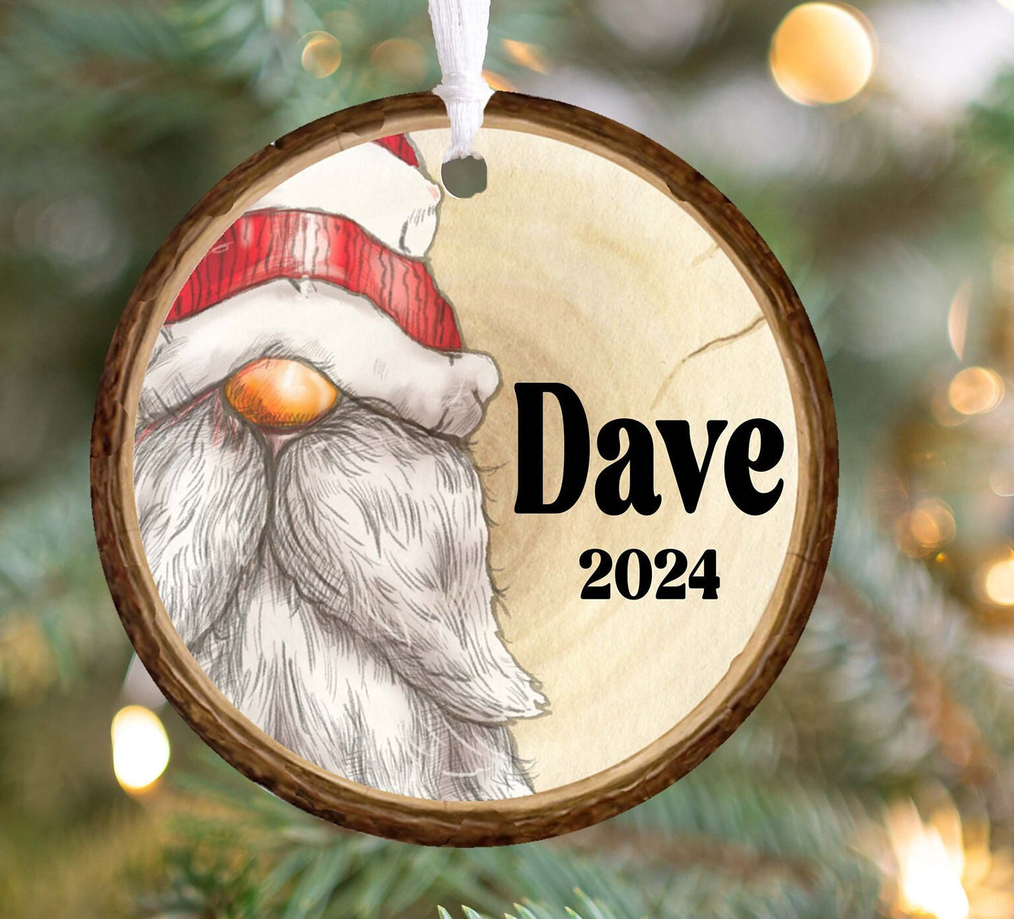 Personalized Gnome Ornament 2025 – Kids & Adults, Wood Slice Look