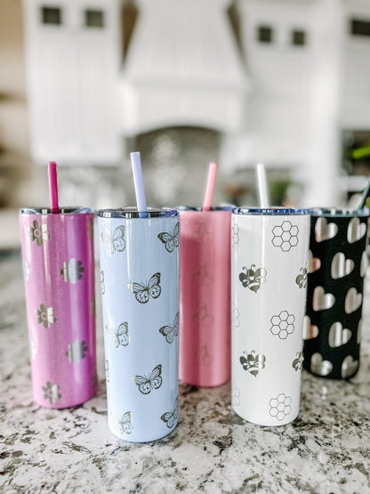 Personalized 20 oz Tumbler – Laser Engraved Skinny Tumbler with Lid & Straw, Custom Cherry, Daisy, Bumblebee & Butterfly Designs