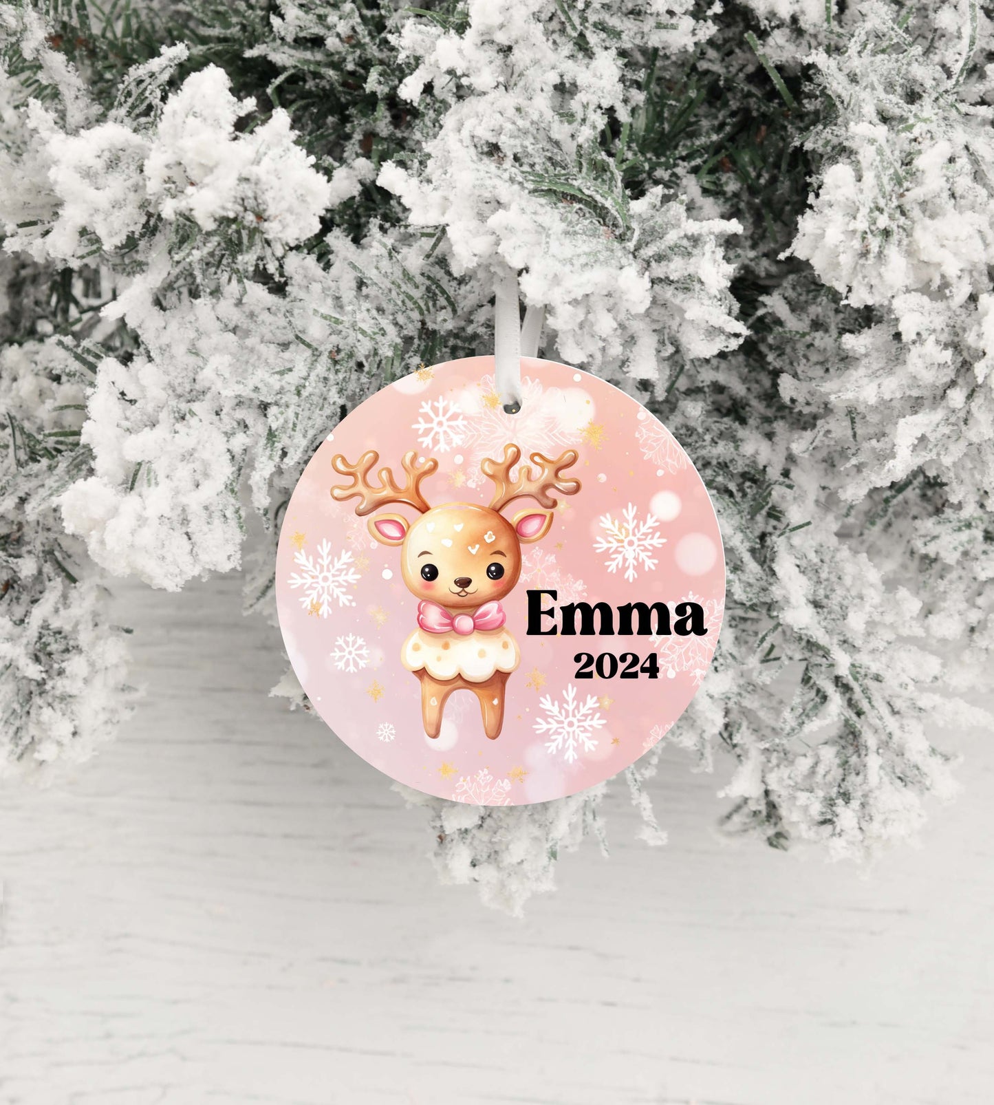 Personalized Pink Reindeer Christmas Ornament- Custom Name & Year | Aluminum or Hardboard