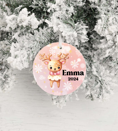 Personalized Pink Reindeer Christmas Ornament- Custom Name & Year | Aluminum or Hardboard