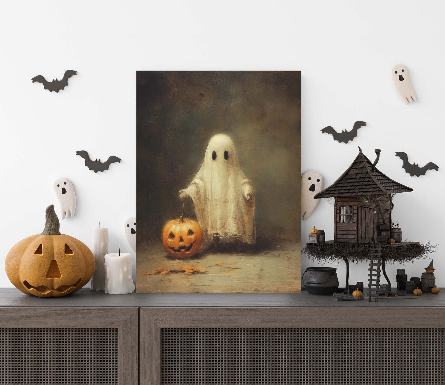 Primitive Halloween Metal Sign – Cute Ghost Trick-Or-Treat Wall Art (Indoor & Outdoor)