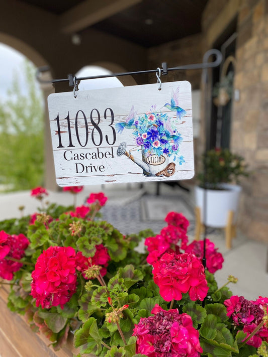 Hummingbird Watering Can Metal Address Sign – Personalized Yard & Lamp Post Sign