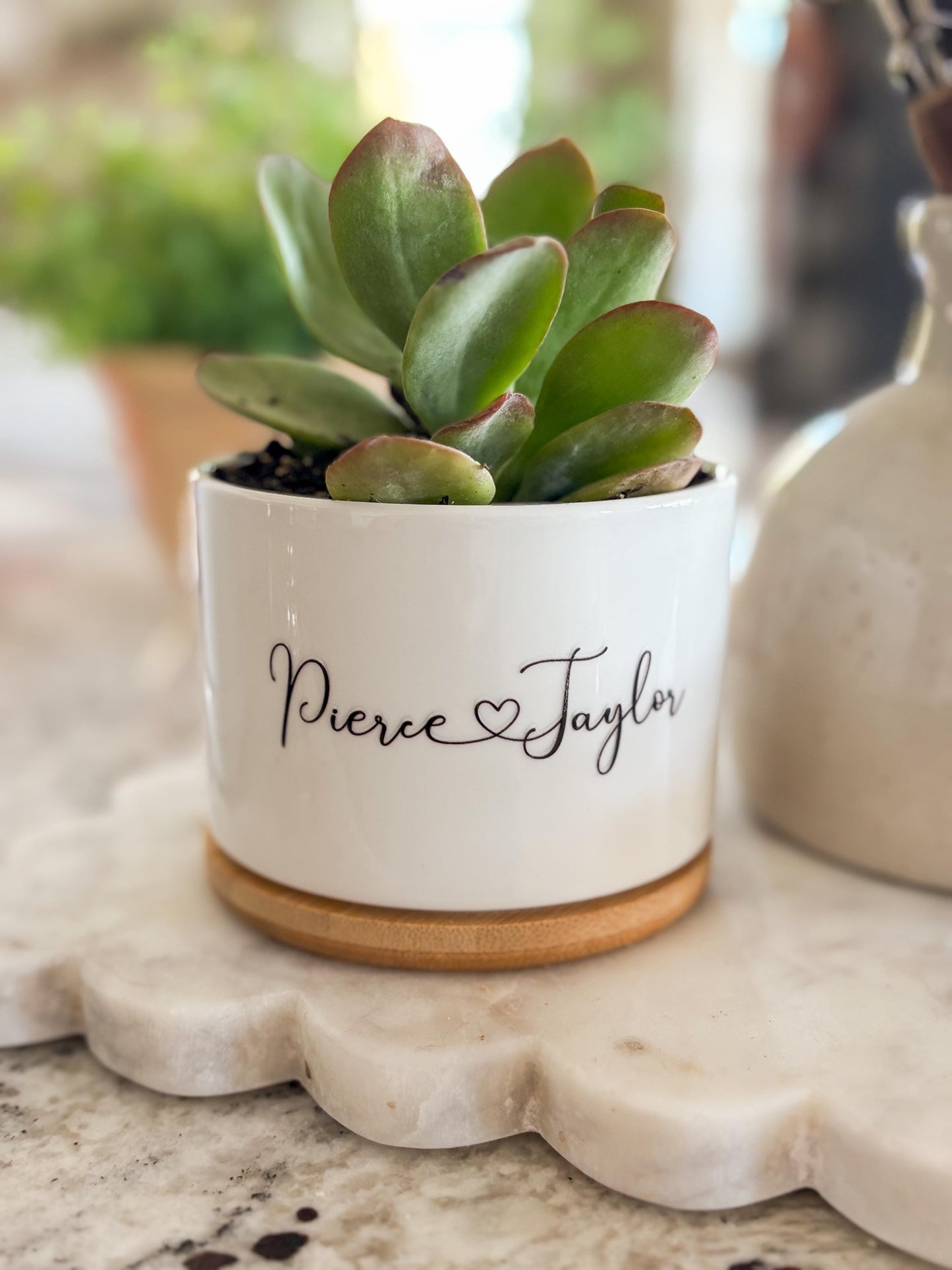 Custom Ceramic Planter – Personalized Succulent Pot with Bamboo Base
