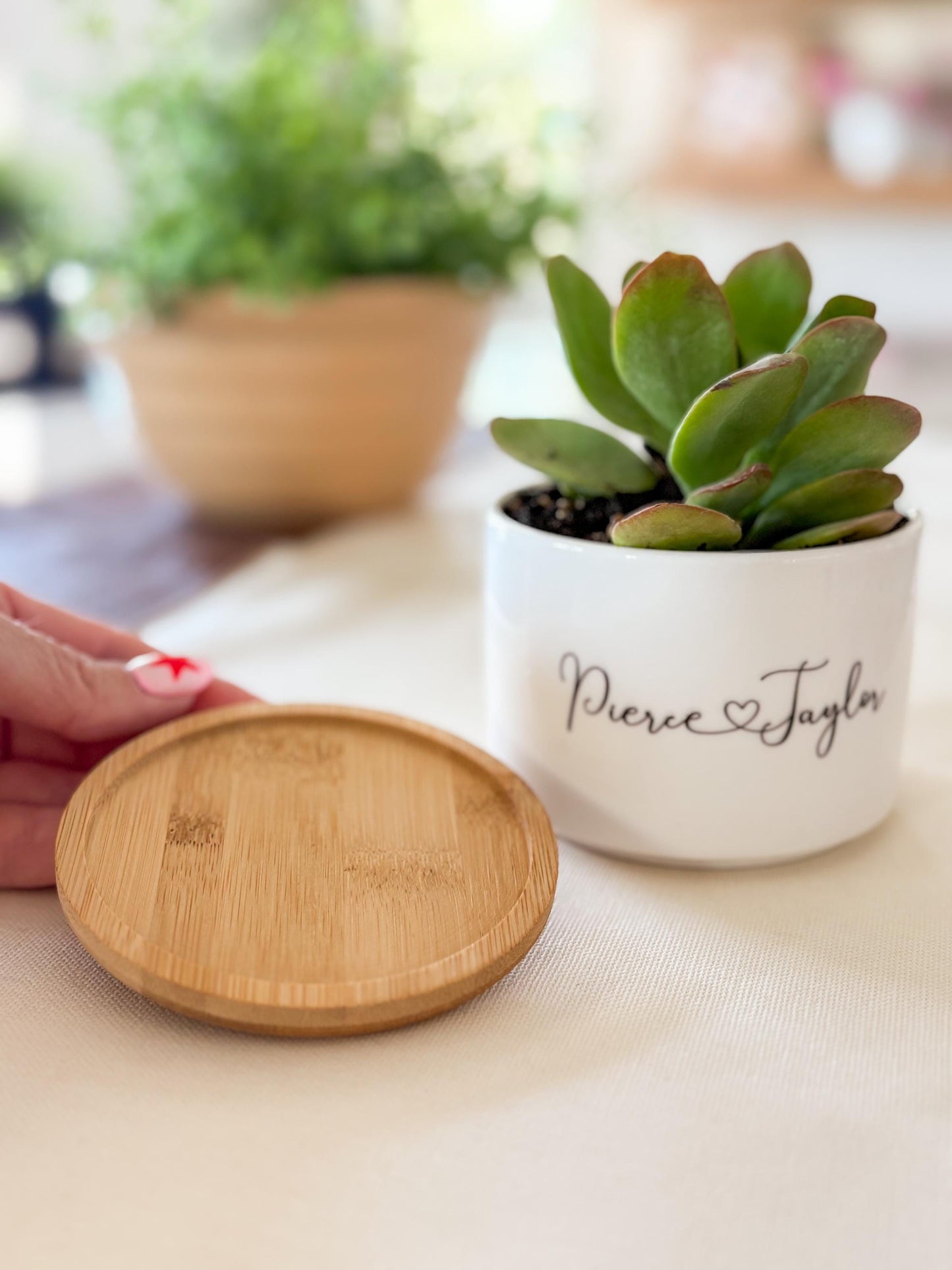 Custom Ceramic Planter – Personalized Succulent Pot with Bamboo Base