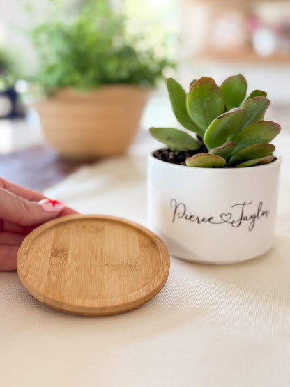 Custom Ceramic Planter – Personalized Succulent Pot with Bamboo Base