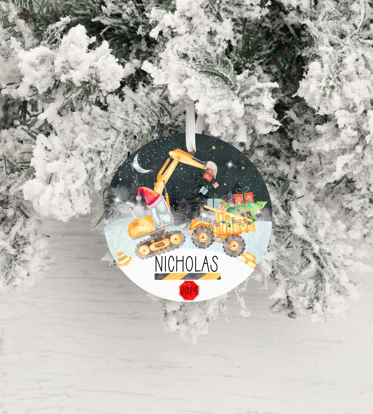 Personalized Excavator Dump Truck Christmas Ornament 2025 – Custom Construction Truck Ornament for Kids