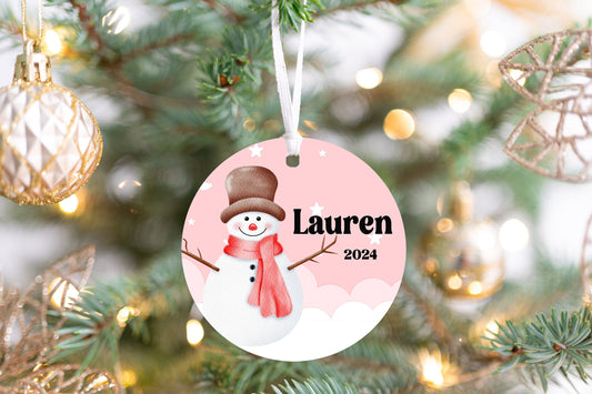 Personalized Pink Snowman Christmas Ornament- Custom Name & Year | Aluminum or Hardboard