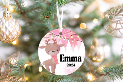Personalized Pink Reindeer Christmas Ornament- Custom Name & Year | Aluminum or Hardboard