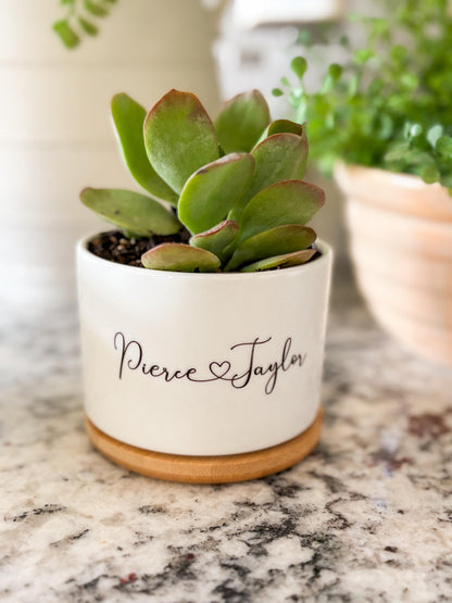 Custom Ceramic Planter – Personalized Succulent Pot with Bamboo Base