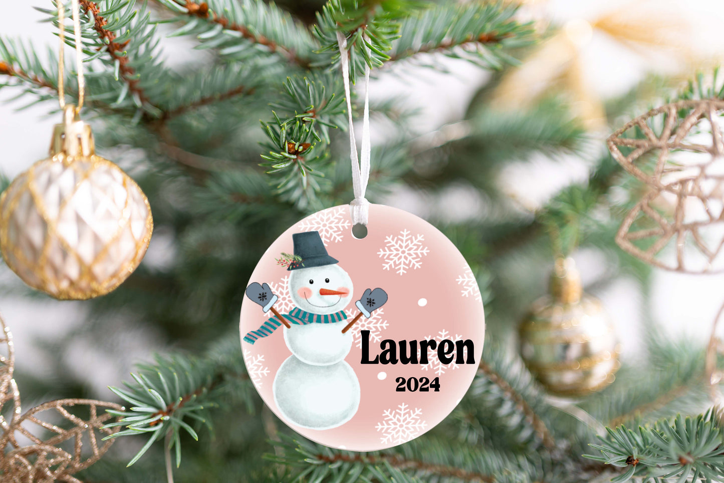 Personalized Pink Snowman Christmas Ornament- Custom Name & Year | Aluminum or Hardboard