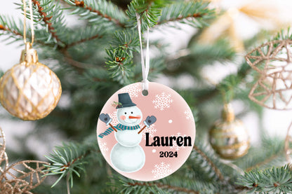 Personalized Pink Snowman Christmas Ornament- Custom Name & Year | Aluminum or Hardboard
