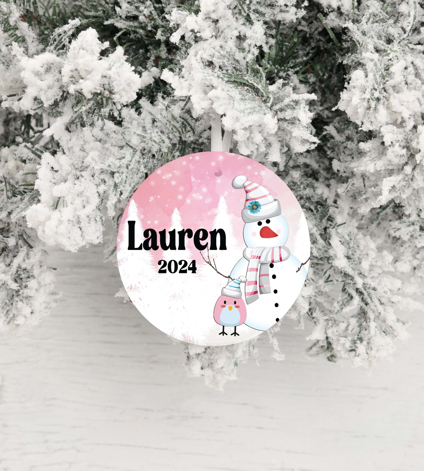 Personalized Pink Snowman Christmas Ornament- Custom Name & Year | Aluminum or Hardboard