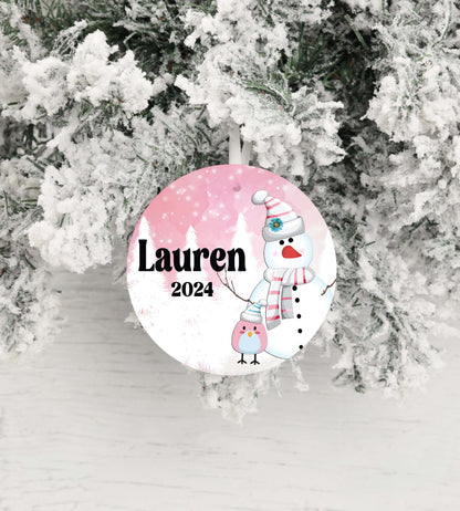Personalized Pink Snowman Christmas Ornament- Custom Name & Year | Aluminum or Hardboard