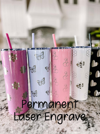 Personalized 20 oz Tumbler – Laser Engraved Skinny Tumbler with Lid & Straw, Custom Cherry, Daisy, Bumblebee & Butterfly Designs