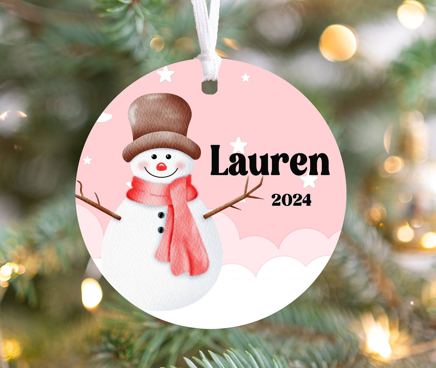 Personalized Pink Snowman Christmas Ornament- Custom Name & Year | Aluminum or Hardboard
